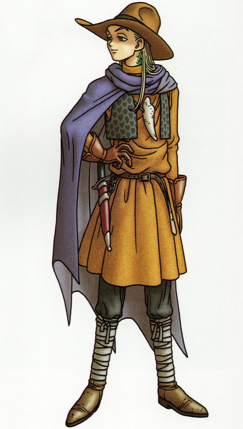 1boy, absurdres, blonde_hair, bone_necklace, brown_gloves, cloak, dragon_boy, dragon_quest, dragon_quest_x, full_body, gloves, green_scales, hand_on_own_hip, highres, jewelry, kurouzu_(dq10), long_hair, looking_to_the_side, male_focus, necklace, official_art, orange_tunic, purple_cloak, scales, scan, sheath, solo, third-party_source, tooth_necklace, toriyama_akira, tunic, vest, white_background