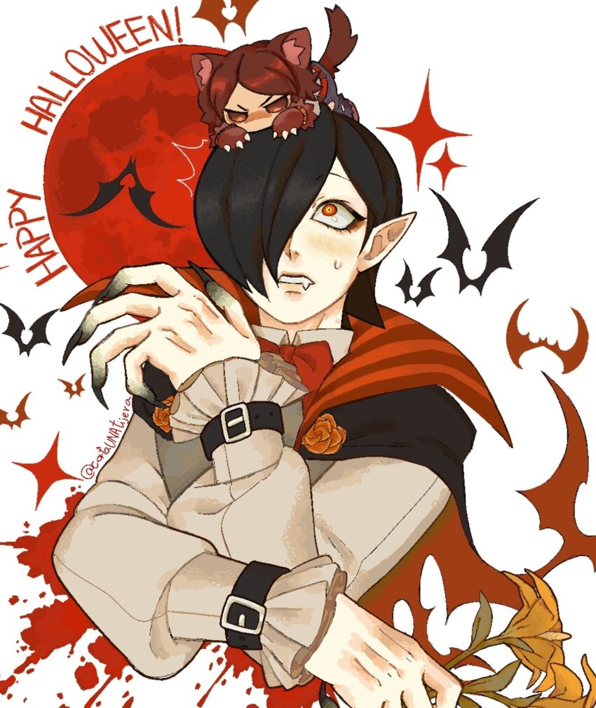 2boys, alternate_costume, androgynous, animal_hands, bat_(animal), bishounen, black_cape, black_hair