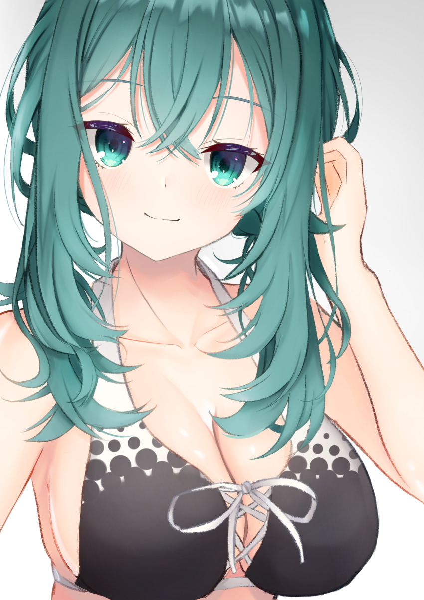 1girl, absurdres, aqua_eyes, aqua_hair, bare_shoulders, bikini, black_bikini, blush
