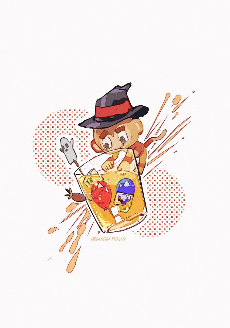 balloon, black_eyes, black_hat, bloon, bloons_tower_defense, brown_fur, brown_tail, closed_mouth, commentary, crack, cracked_glass, cup, dart, dart_monkey, drink, drinking_glass, furry, ghost, halftone, hashtag-only_commentary, hat, hat_ribbon, hightguy, ice, ice_cube, looking_down, monkey, red_ribbon, ribbon, simple_background, smirk, solo, toothpick, twitter_username, white_background, witch_hat