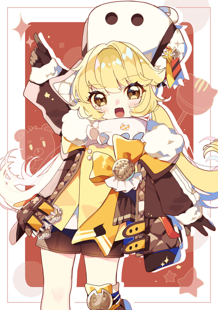 1girl, blonde_hair, blush, brown_eyes, brown_gloves, brown_shorts, candy, child