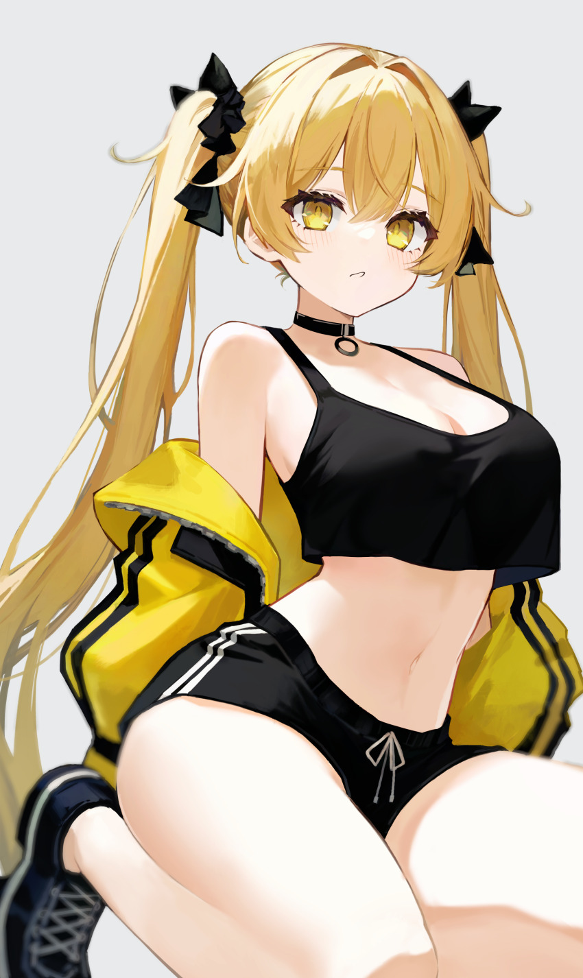 1girl, absurdres, bare_shoulders, black_shorts, black_sports_bra, blonde_hair, blue_footwear, blush