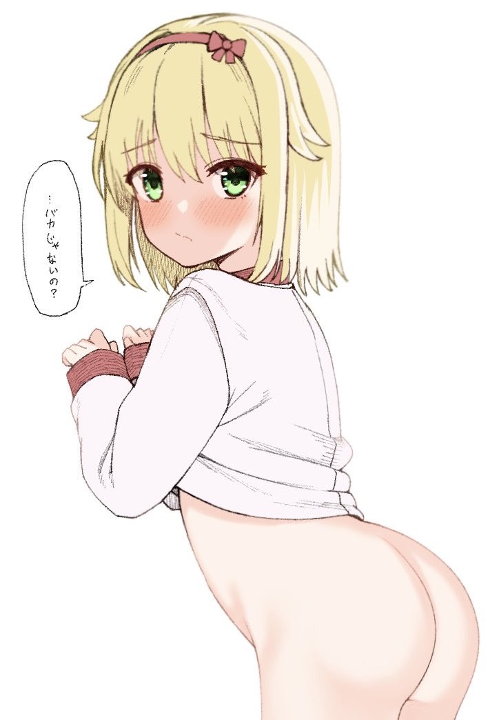 1girl, :/, ass, blonde_hair, blush, bottomless, bow, breasts, closed_mouth, clothes_lift, commentary_request, cowboy_shot, embarrassed, eyes_visible_through_hair, from_side, green_eyes, hair_between_eyes, hair_bow, hairband, hands_up, kariya_wakana, looking_at_viewer, medium_breasts, official_alternate_costume, red_bow, red_hairband, sanoba_witch, shirt, shirt_lift, simple_background, sleeves_past_wrists, solo, speech_bubble, split_mouth, tft_(tft7822), translated, tsurime, waitress, white_background, white_shirt