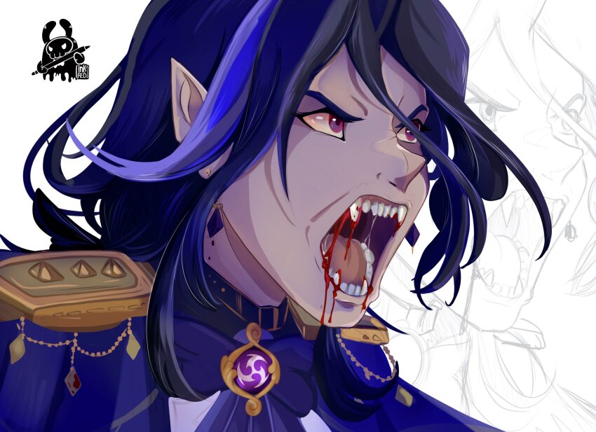 1girl, blood, blue_bow, blue_bowtie, blue_capelet, bow, bowtie, capelet