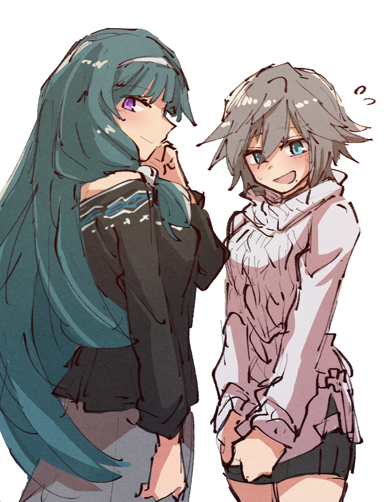 2girls, alonemistrist, black_shirt, black_skirt, blue_eyes, blush, cibella, closed_mouth