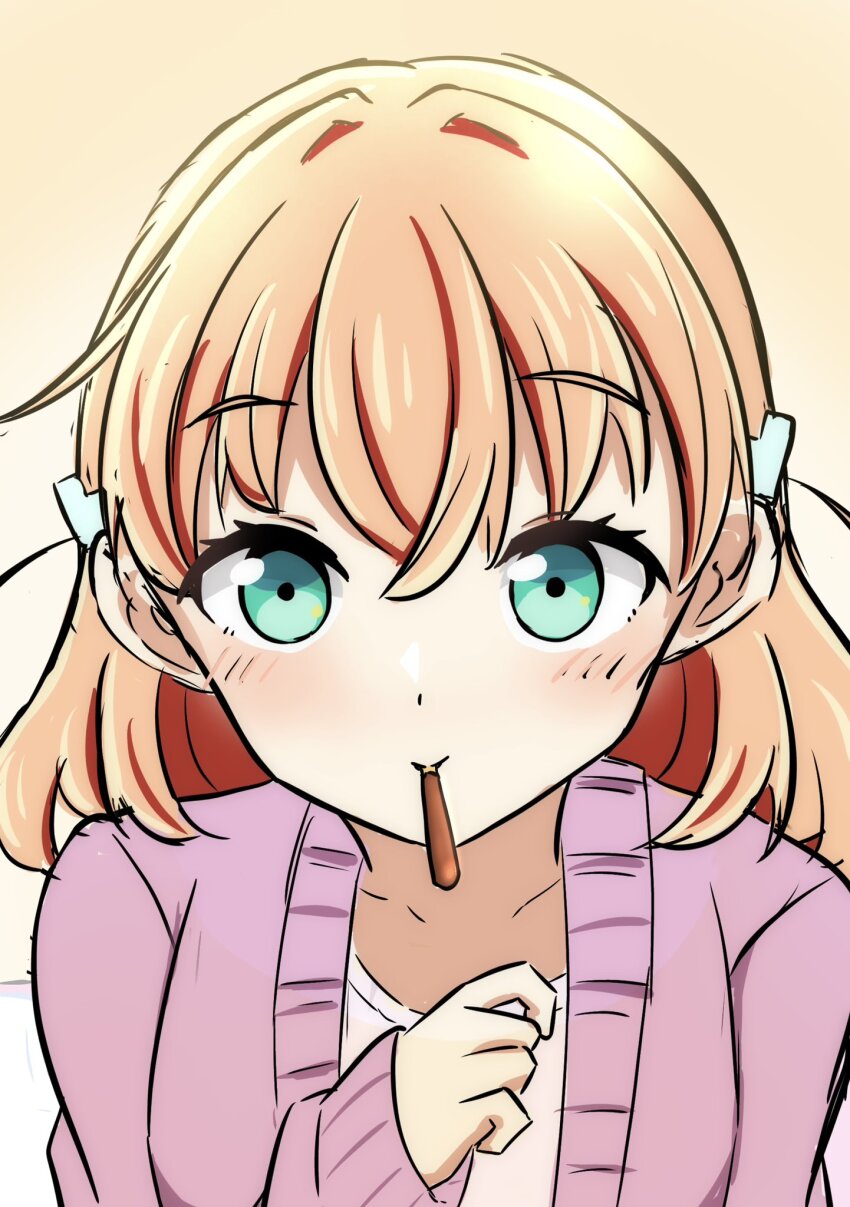 1girl, aqua_eyes, blush, cardigan, closed_mouth, collarbone, commentary, crossed_bangs