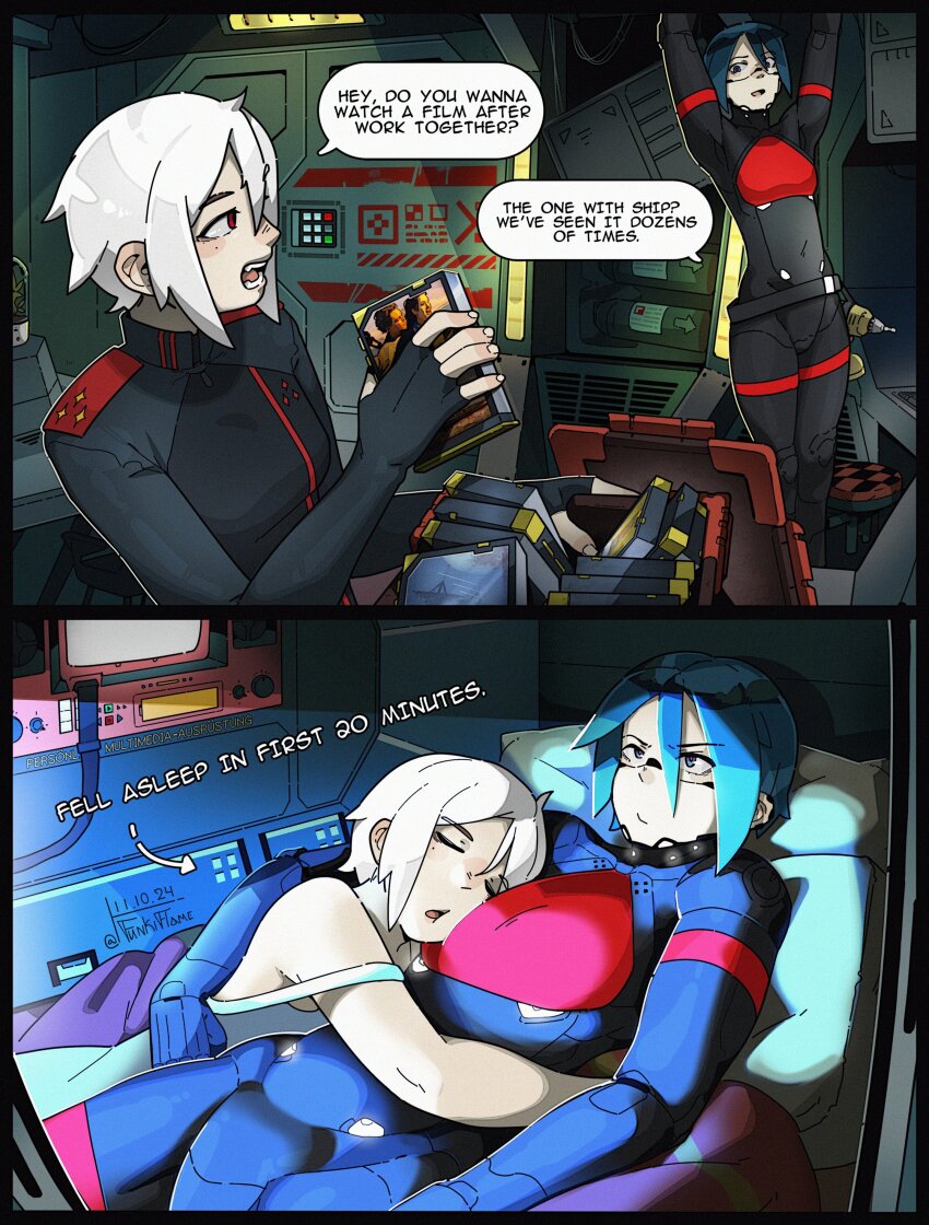 2girls, absurdres, android, ariane_yeong, black_hair, blue_eyes, camisole, closed_eyes