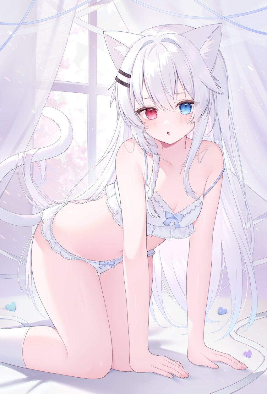 1girl, :o, all_fours, animal_ear_fluff, animal_ears, blue_eyes, blush, bra