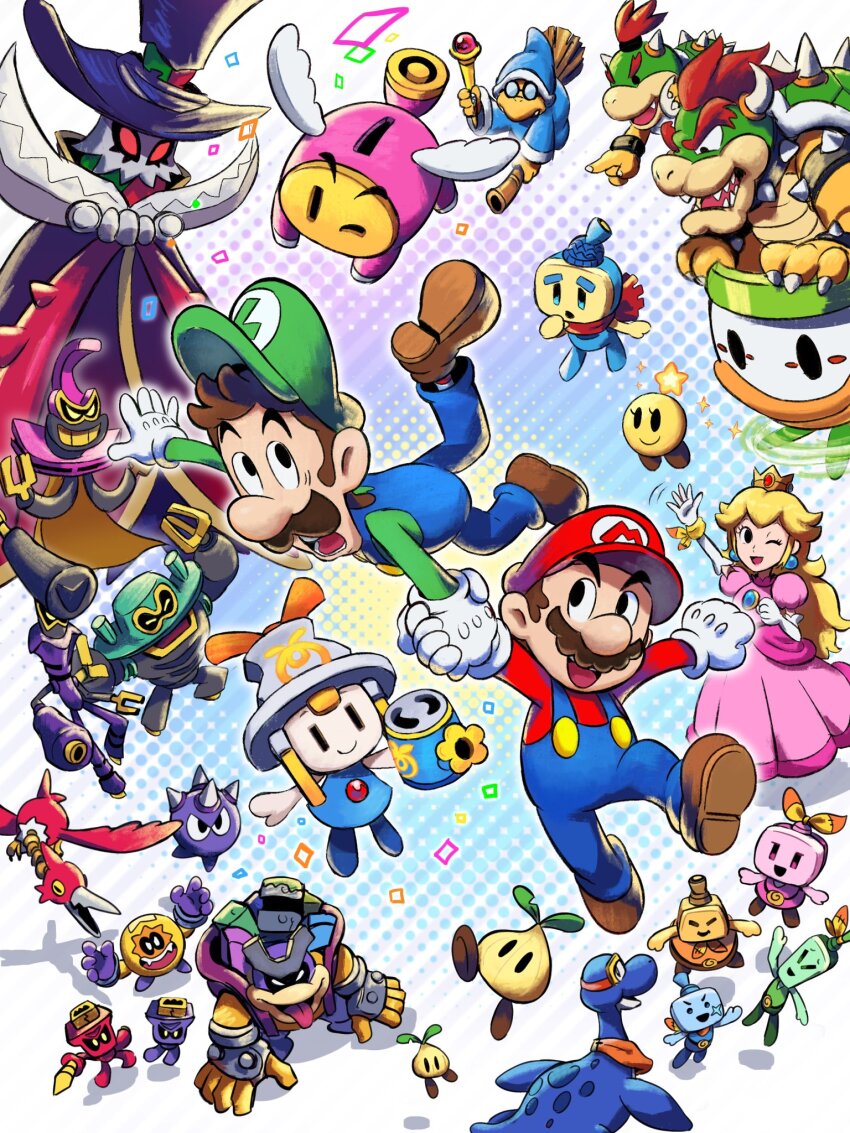 6+boys, black_eyes, blonde_hair, bowser, bowser_jr., brothers, brown_hair, buddy_(mario), connie_(mario), dorrie, dress, dulles_(mario), ecks_(mario), electric_plug, ellow_(mario), everyone, facial_hair, gloves, gorumbla, green_hat, green_shirt, guardarm, hat, helmet_zok_trooper, highres, ireen_(mario), jewelry, kamek, koopa_clown_car, long_hair, loog_(mario), luigi, mario, mario_&amp;_luigi:_brothership, mario_&amp;_luigi_rpg, mario_(series), multiple_boys, multiple_girls, mustache, nintendo, no_fingers, official_alternate_eye_color, official_style, open_mouth, overalls, princess_peach, red_hat, red_shirt, seedle_(mario), shirt, shun_(mario), siblings, smile, snaptor, snoutlet_(mario), socks, spike_zok_trooper, spikely, spikes, star_(symbol), starlow, ten_(mario), two-tone_socks, white_gloves, yamari_(ya_mari_6363), zokket