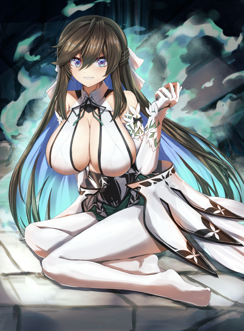 1girl, absurdres, aqua_hair, aura, bare_shoulders, blue_eyes, blue_hair, breasts, brown_hair, cleavage, colored_inner_hair, commentary, counter:side, elbow_gloves, full_body, gloves, gradient_hair, green_skirt, grin, hair_between_eyes, half_updo, halterneck, hand_up, highres, large_breasts, long_hair, looking_at_viewer, msto, multicolored_hair, neck_ribbon, no_shoes, pantyhose, ribbon, shin_jia, sideboob, sidelocks, sitting, skirt, smile, solo, very_long_hair, waist_cape, white_gloves, white_pantyhose, yokozuwari