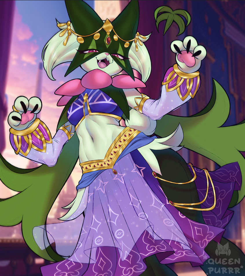 1girl, arabian_clothes, artist_name, blurry, blurry_background, clothed_pokemon, crop_top, depth_of_field