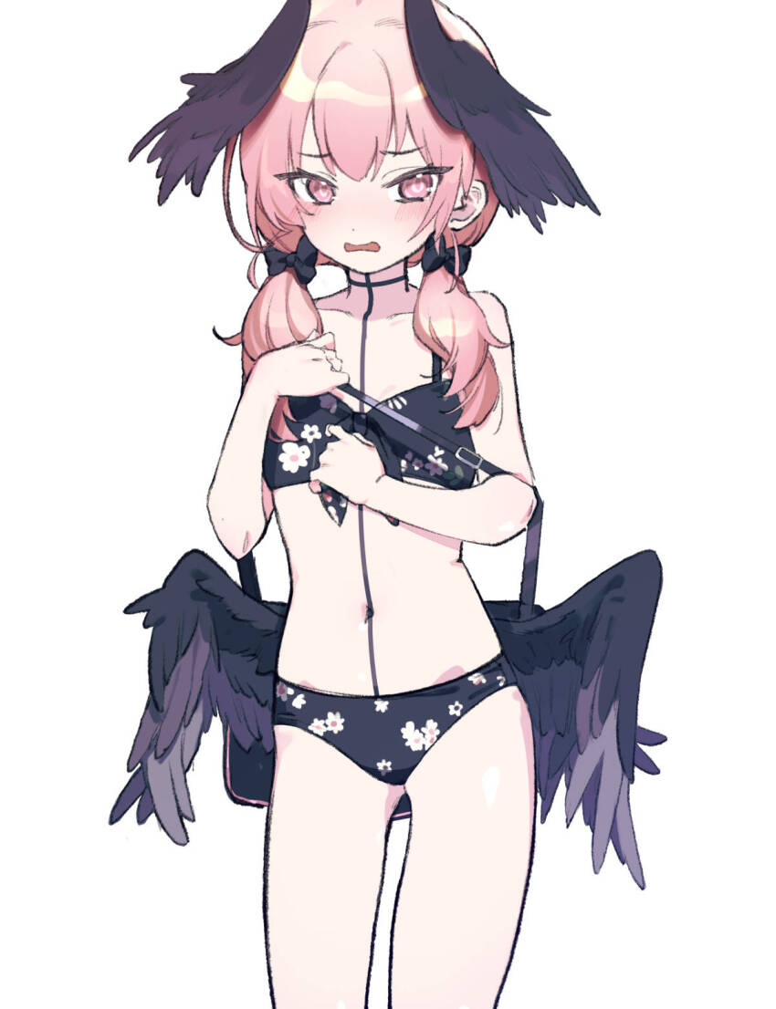 1girl, bag, bare_shoulders, bikini, black_bikini, blue_archive, blush, bow, cowboy_shot, flat_chest, floral_print, floral_print_bikini, furrowed_brow, hair_bow, head_wings, highres, holding, holding_bag, koharu_(blue_archive), koharu_(swimsuit)_(blue_archive), long_hair, looking_at_viewer, low_twintails, low_wings, michia_(bourgognepony), navel, open_mouth, pink_eyes, pink_hair, print_bikini, school_bag, sidelocks, simple_background, solo, standing, swimsuit, twintails, white_background, wings