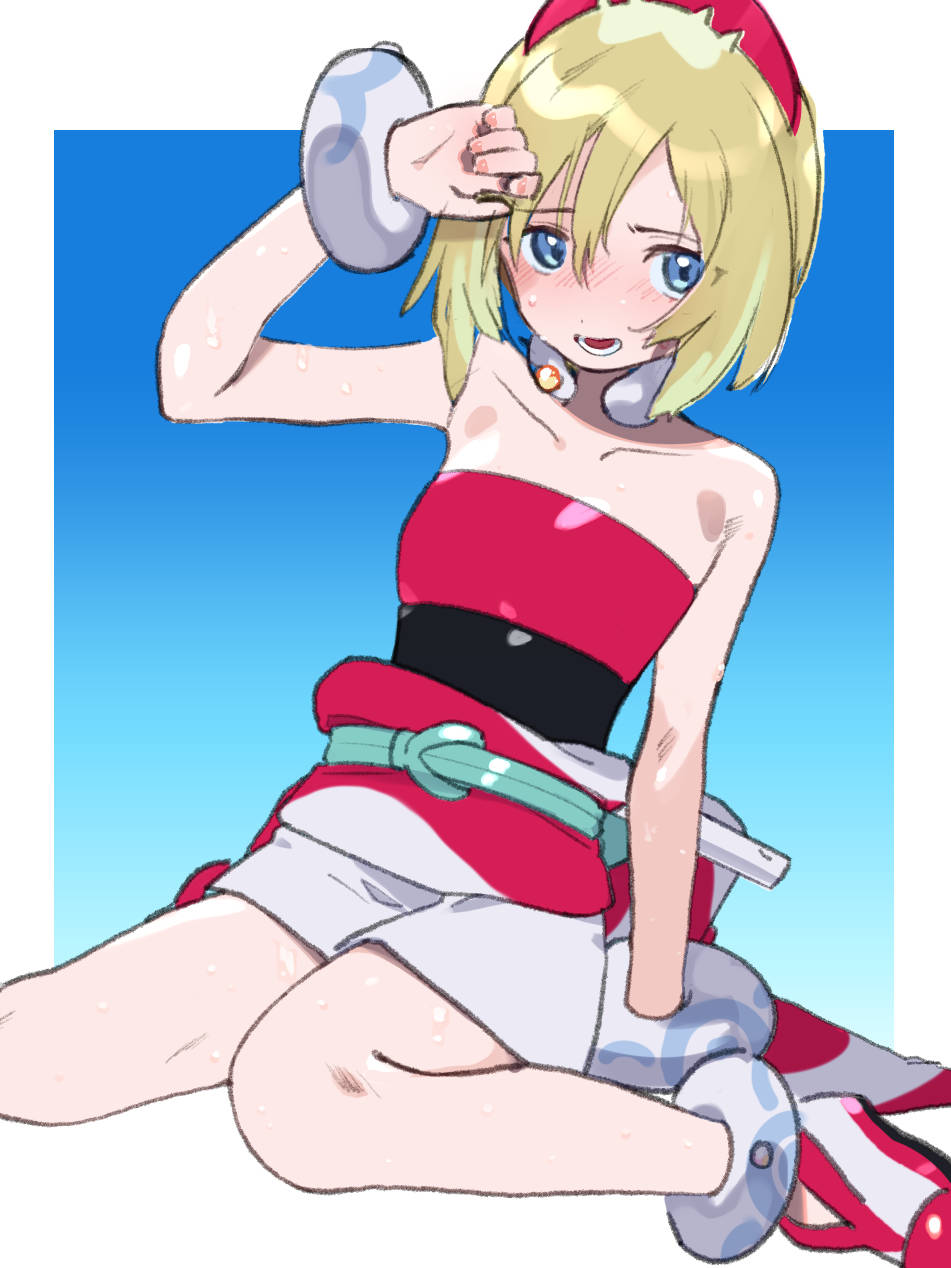 1girl, anklet, arm_up, bangle, bare_shoulders, blonde_hair, blue_eyes, blush