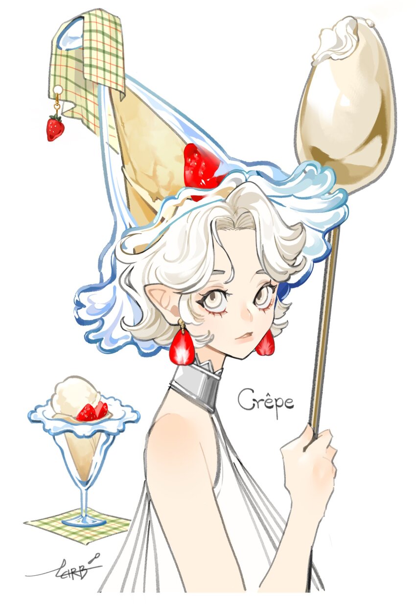 1girl, absurdres, crepe, cup, earrings, food, food-themed_earrings, food_themed_earrings