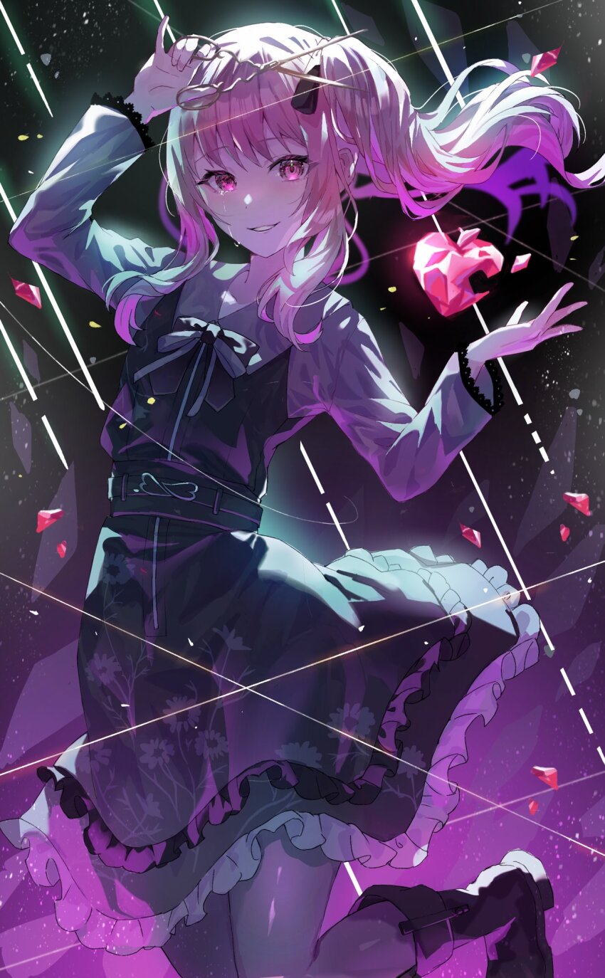 1girl, 25-ji_nightcord_de._(project_sekai), akiyama_mizuki, belt, black_footwear, blurry, blurry_foreground, boots