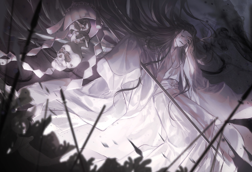 1boy, arrow_(projectile), bai_wuxiang, black_hair, blurry, blurry_foreground, chinese_clothes, commentary