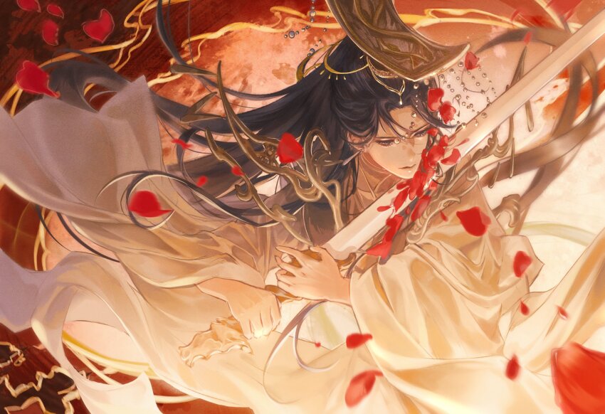 1girl, beads, blue_eyes, brown_hair, chinese_clothes, closed_mouth, falling_petals, guan_hat, hanfu, high_ponytail, highres, holding, holding_sword, holding_weapon, jian_(weapon), korean_commentary, lerira9, long_hair, long_sleeves, looking_down, mian_guan, petals, ponytail, solo, sword, tianguan_cifu, upper_body, weapon, white_hanfu, wide_sleeves, yushi_huang