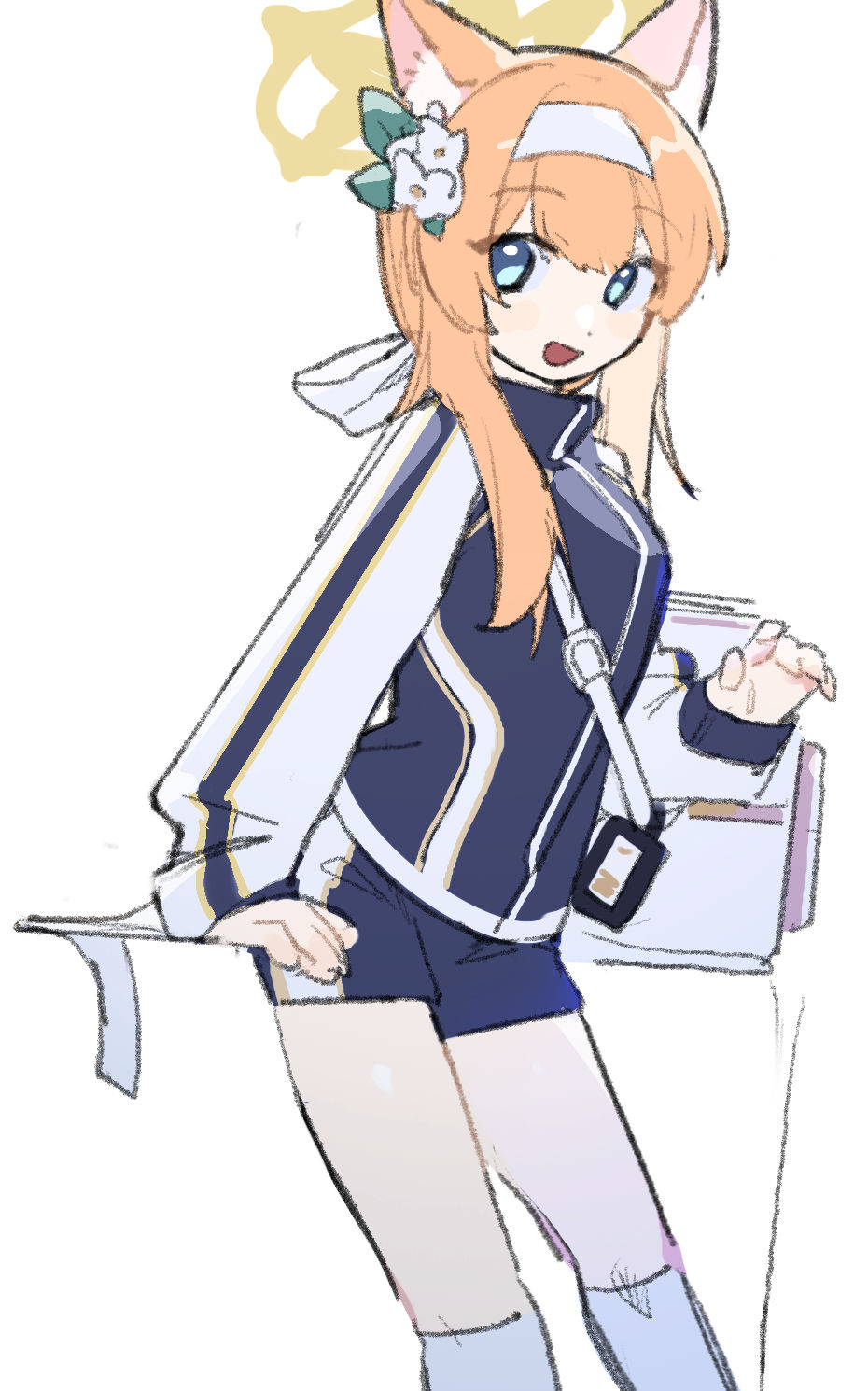 1girl, animal_ear_fluff, animal_ears, bag, blue_archive, blue_eyes, blue_jacket, blue_shorts
