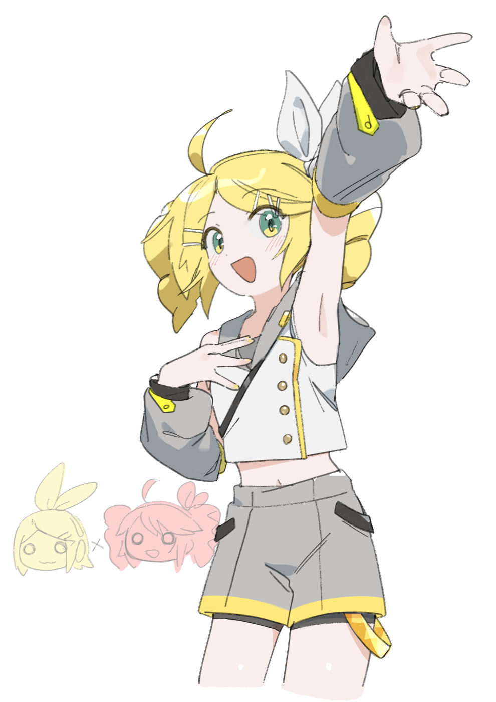 1girl, ahoge, arm_up, armpits, bare_shoulders, bike_shorts, blonde_hair, blush