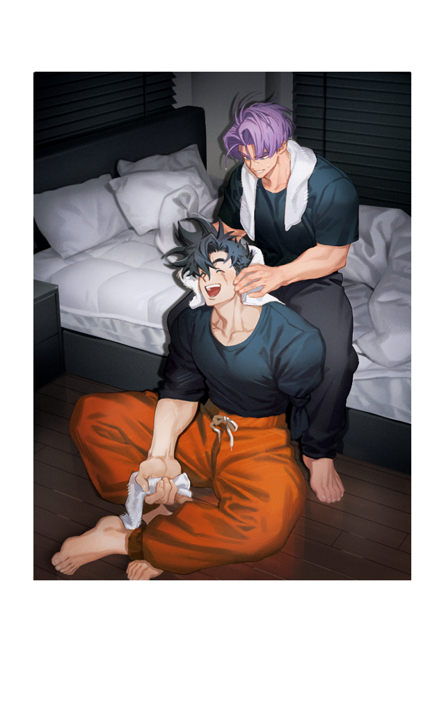 2boys, amputee, barefoot, bed, bedroom, black_hair, black_pants, black_shirt