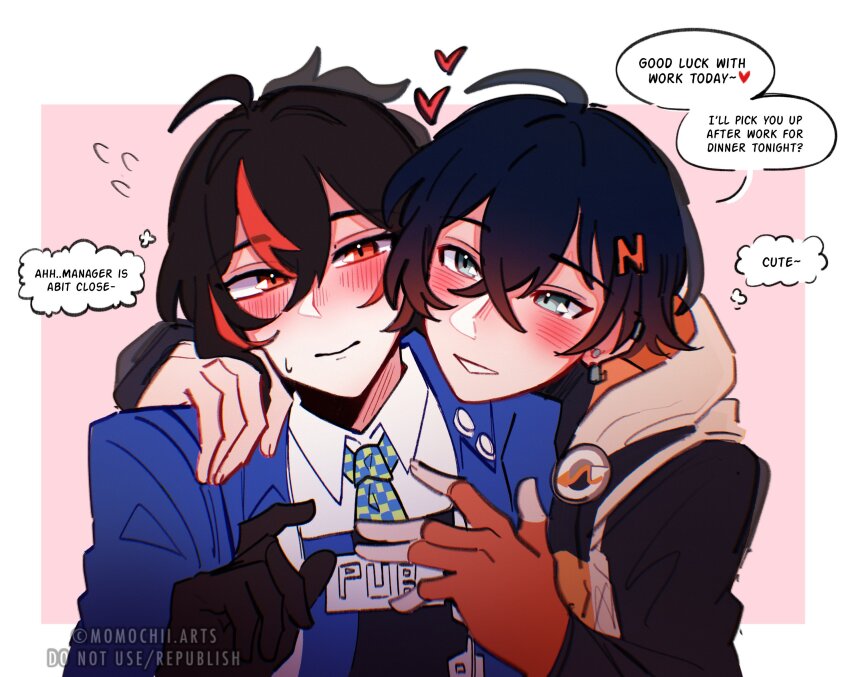 2girls, belle_(zenless_zone_zero), black_hair, blush, closed_mouth, collared_shirt, earclip, english_text