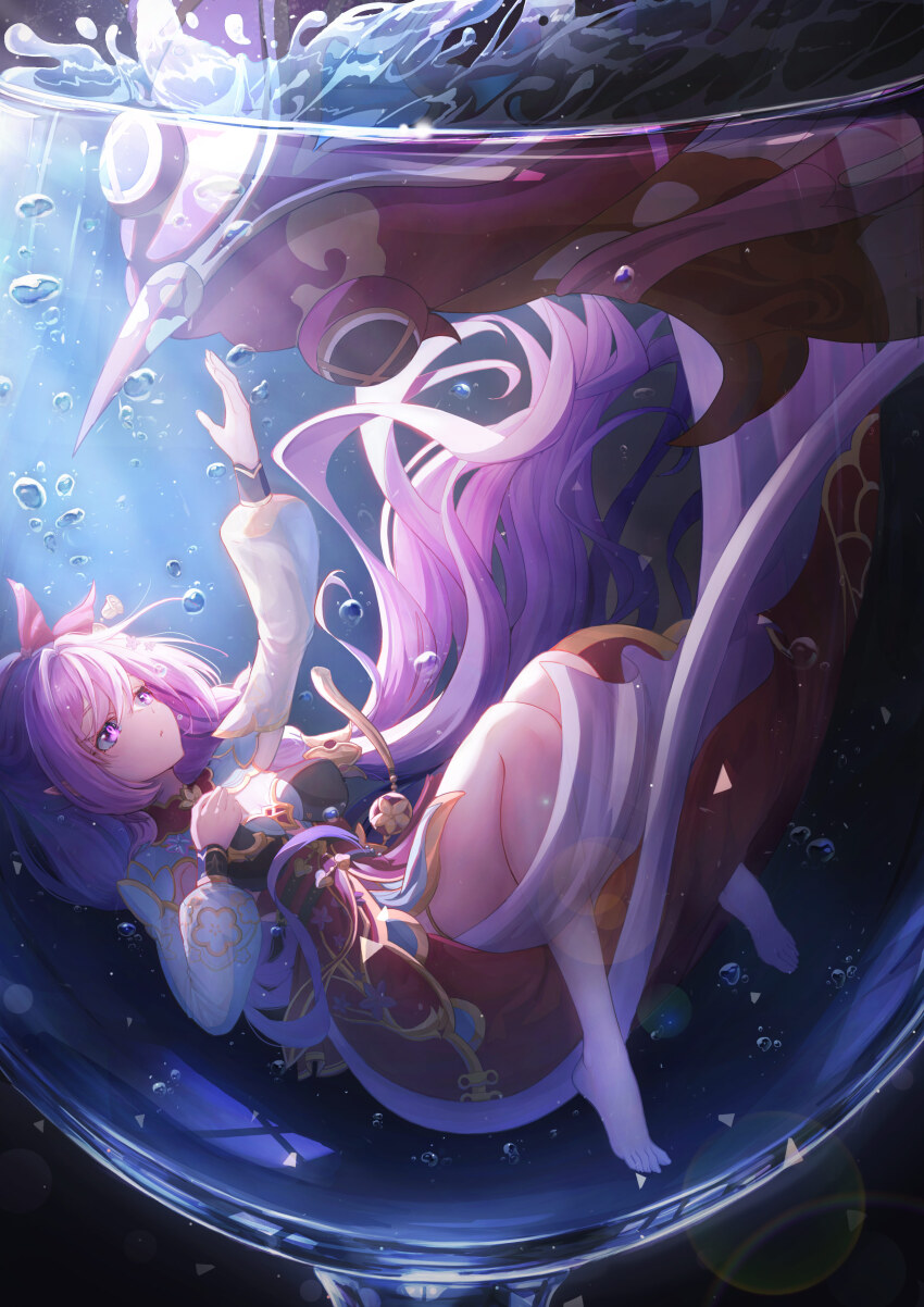 1girl, absurdres, ang55523671, bare_legs, barefoot, bell, chinese_clothes, commentary