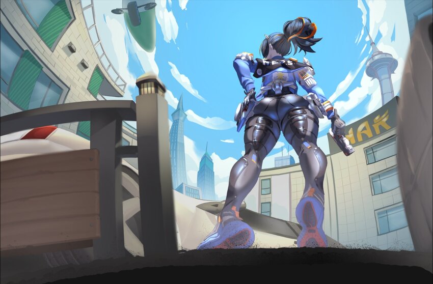 1girl, ass, black_gloves, black_hair, brasileiroo, gloves, hair_between_eyes, hairband