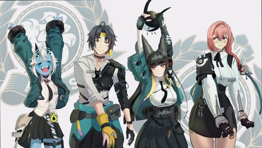 absurdres, animal_ear_fluff, animal_ears, aqua_jacket, asaba_harumasa, black_gloves, black_hair, black_necktie