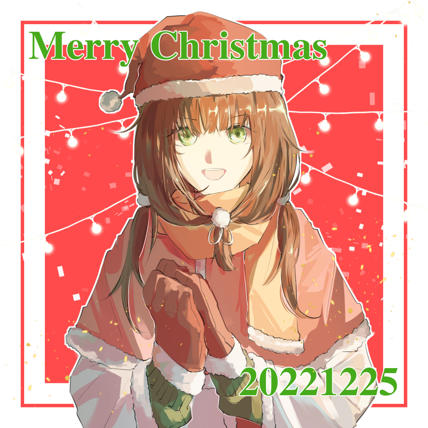 1girl, absurdres, alternate_costume, blunt_bangs, border, brown_hair, capelet, casual, chinese_commentary, christmas, christmas_lights, commentary_request, confetti, danganronpa_(series), danganronpa_another, dated, english_text, eyelashes, front_ponytail, fur-trimmed_capelet, fur-trimmed_headwear, fur-trimmed_mittens, fur-trimmed_scarf, fur-trimmed_sleeves, fur_trim, green_eyes, green_sweater, hair_ornament, hair_over_shoulder, hair_ribbon, hat, highres, jacket, layered_sleeves, long_hair, long_sleeves, looking_at_viewer, low_twintails, merry_christmas, mittens, nijiue_iroha, open_mouth, outline, outside_border, own_hands_together, pom_pom_(clothes), pom_pom_hair_ornament, red_background, red_capelet, red_hat, red_mittens, red_scarf, ribbon, santa_hat, scarf, setsuna_reed, smile, solo, straight-on, super_danganronpa_another_2, sweater, teeth, twintails, upper_body, upper_teeth_only, white_border, white_jacket, white_outline, white_ribbon, winter_clothes