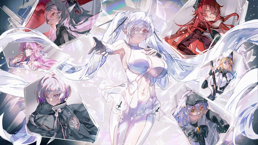 6+girls, black_horns, blonde_hair, blue_eyes, bodysuit, breasts, cinderella_(nikke), cleavage