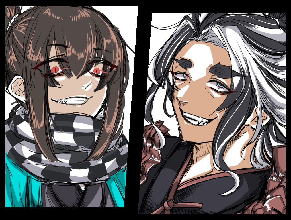 2boys, armor, black_hair, black_kimono, black_scarf, blue_haori, brown_trim, checkered_clothes