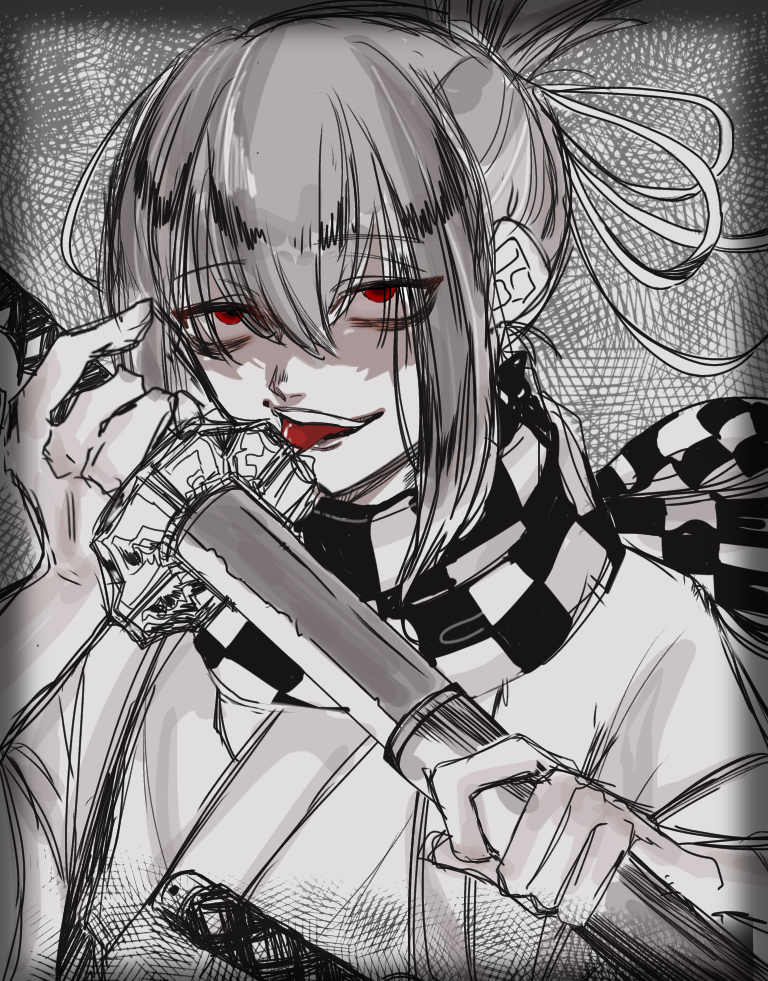 1boy, checker_pattern, evil_eyes, evil_smile, greyscale, hair_between_eyes, hands_up, haori