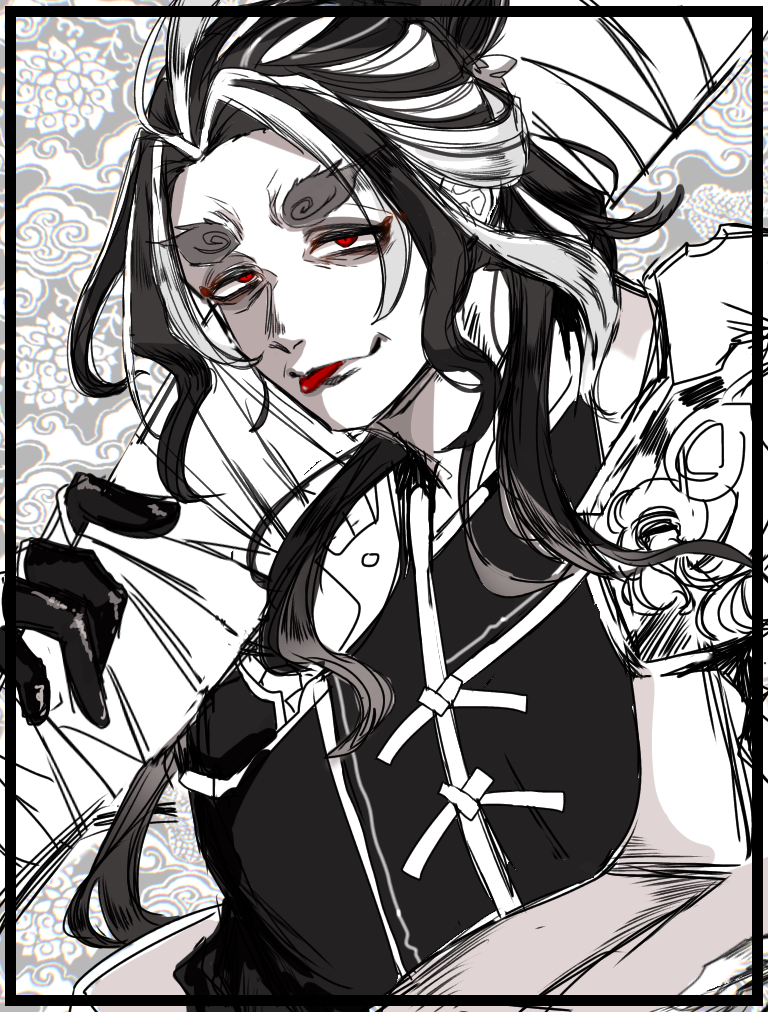 1boy, armor, bandages, evil_eyes, evil_smile, greyscale, haori, holding