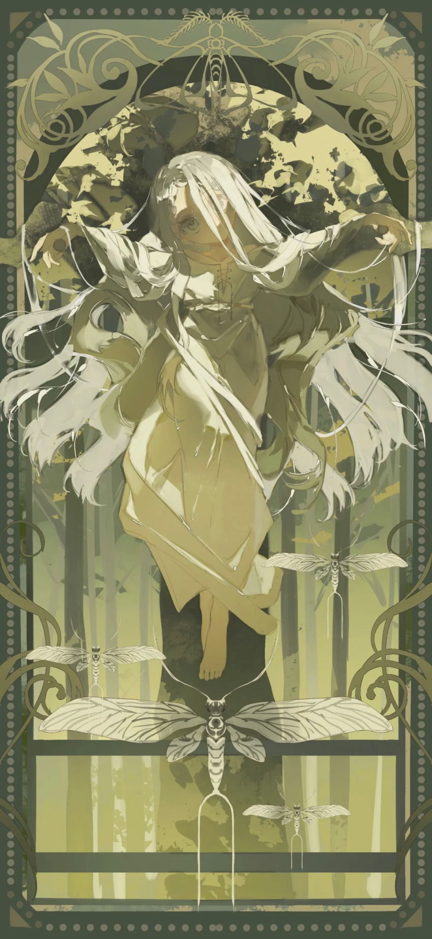 1girl, bare_shoulders, barefoot, bug, card_(medium), chinese_commentary, closed_mouth, collarbone, commentary_request, cricifysiki, cross-laced_clothes, cross-laced_dress, dress, expressionless, eyelashes, feet, forest, full_body, green_background, grey_eyes, grey_hair, hair_between_eyes, head_tilt, highres, long_dress, long_hair, long_sleeves, nature, off-shoulder_dress, off_shoulder, original, outstretched_arms, solo, toes, very_long_hair, white_dress, wide_sleeves, zombie_pose