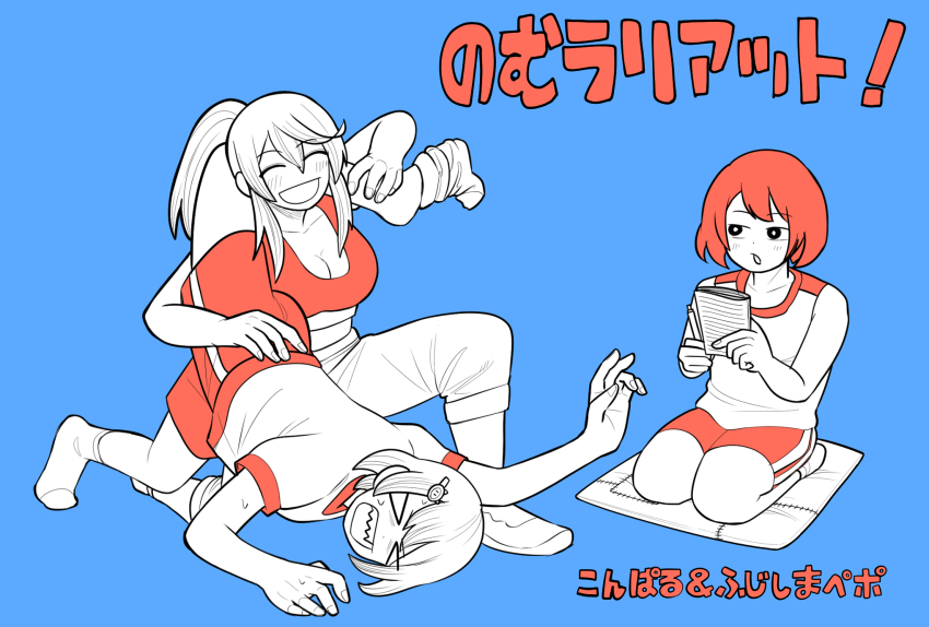 >_<, 3girls, gym_uniform, hair_ornament, highres, light_smile, multiple_girls, original