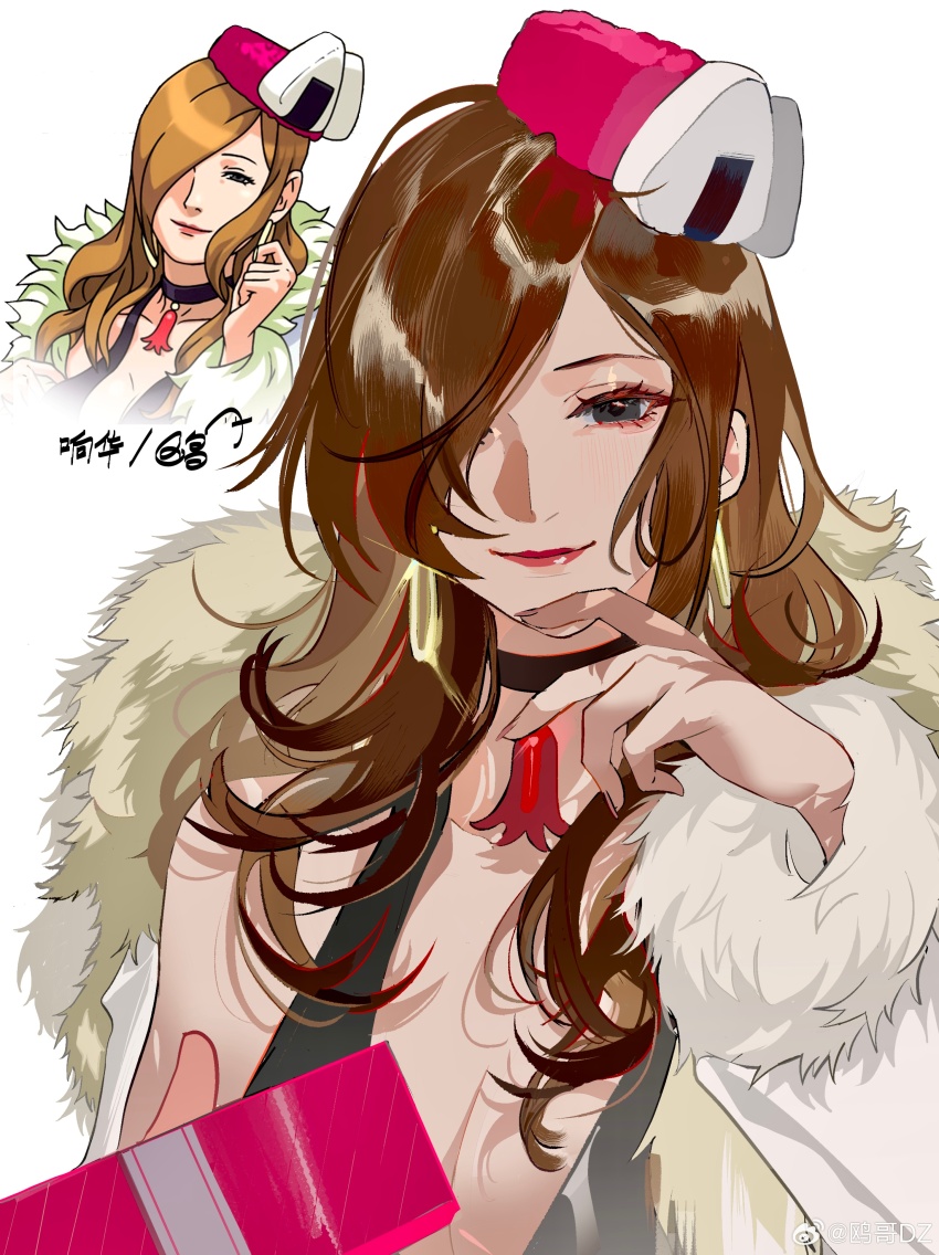 1girl, absurdres, ace_attorney, angel_starr, beret, black_choker, black_dress, black_eyes