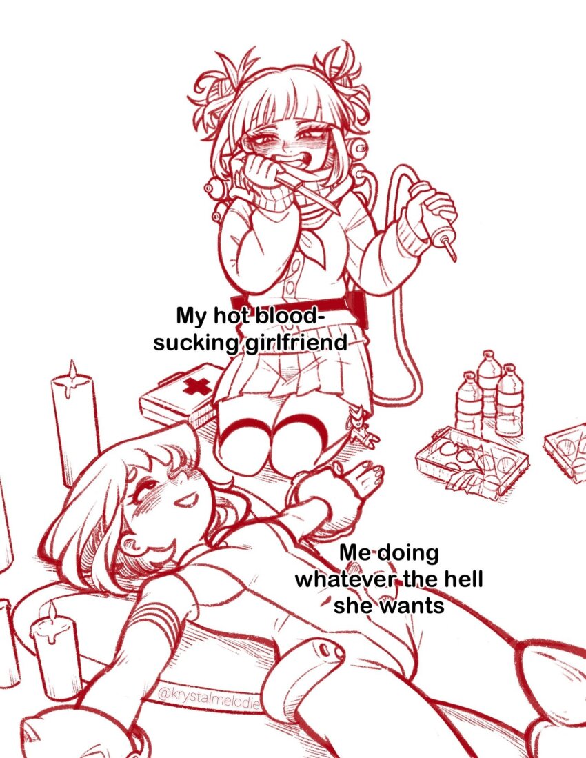 2girls, blush, bodysuit, boku_no_hero_academia, book, bottle, candle, double_bun