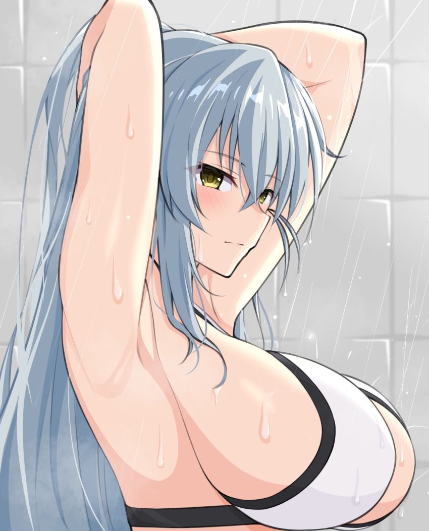 1girl, absurdres, armpits, arms_behind_head, arms_up, bikini, blush, breasts, closed_mouth, commentary_request, highres, kitora_mirja, large_breasts, long_hair, looking_at_viewer, maruta_(denmasked), presenting_armpit, sideboob, solo, swimsuit, toji_no_miko, upper_body, variant_set, wet, white_bikini, yellow_eyes