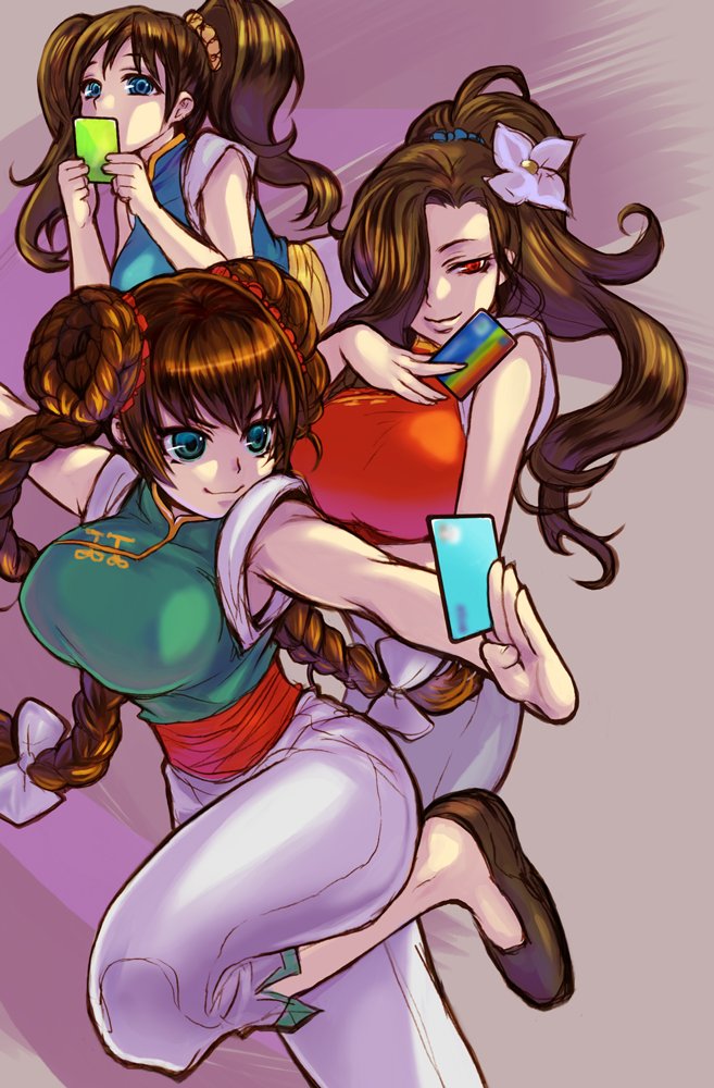 3girls, blue_eyes, braid, brown_hair, card, chinese_clothes, covered_mouth, credit_card
