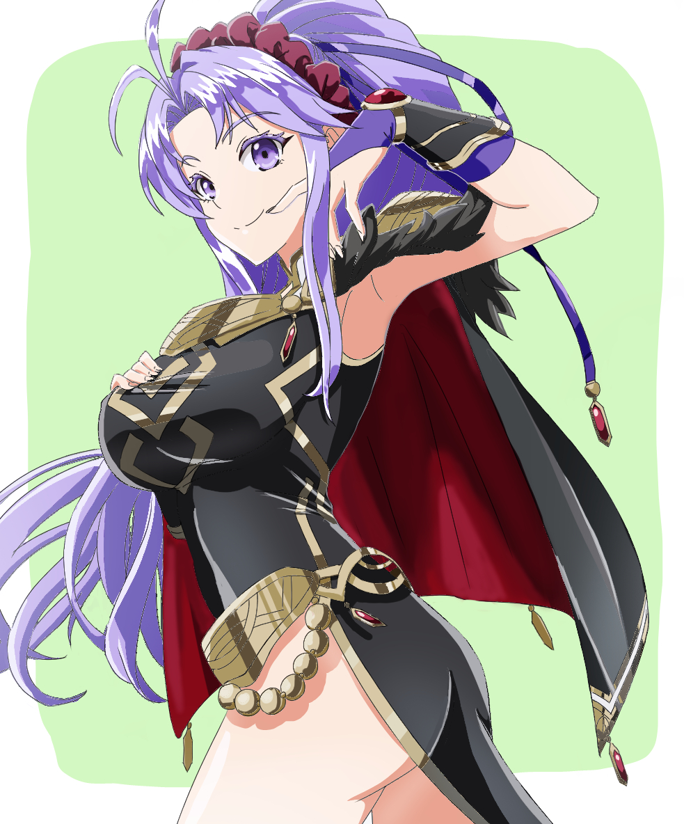 1girl, alternate_breast_size, antenna_hair, armor, armpits, ass, belt, black_cape