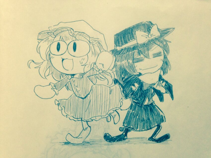 2girls, =_=, bow, capelet, closed_eyes, commentary_request, cosplay, dress