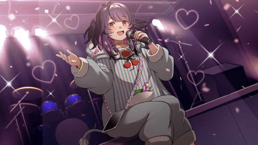 1girl, 364ing, :d, animal_costume, apple_print, black_hair, blush, bow