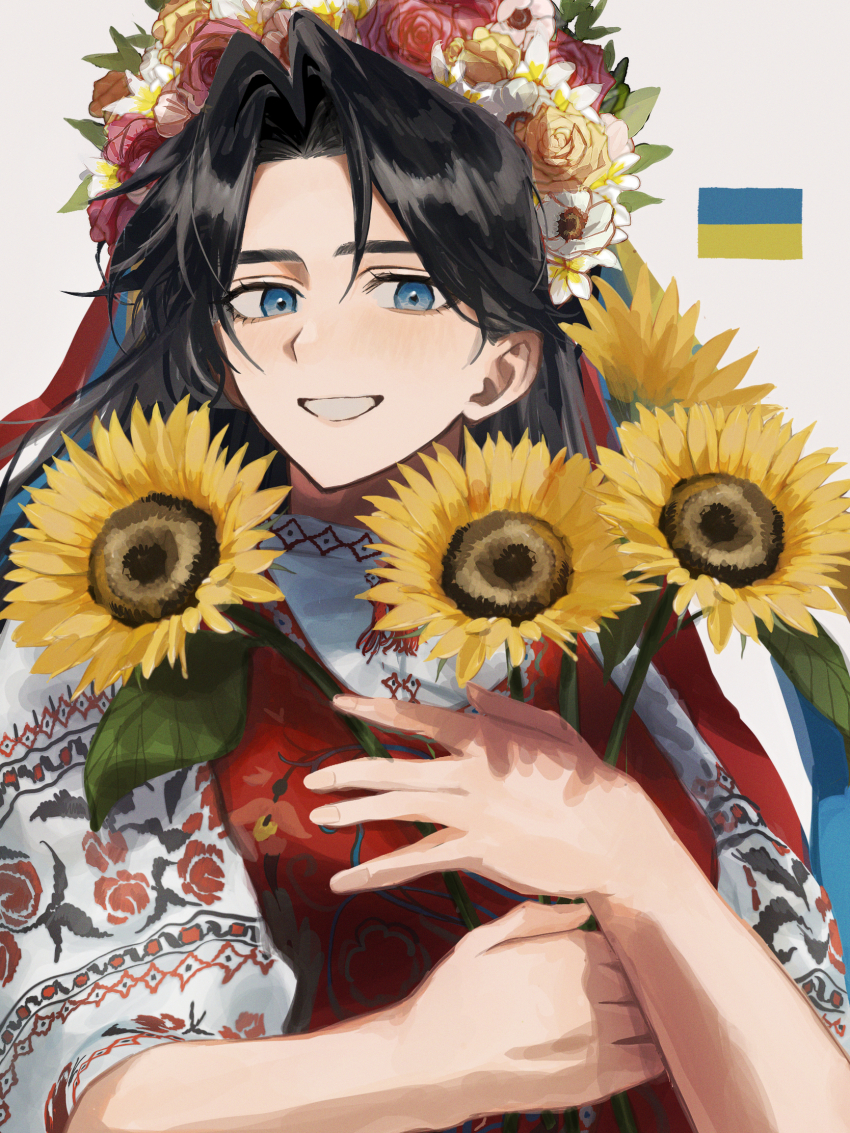 1girl, black_hair, embroidery, flower, hair_intakes, head_wreath, highres, holding