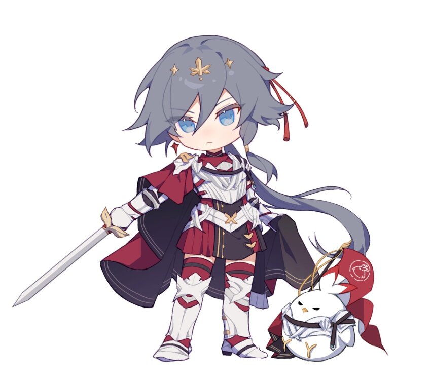 1girl, armor, black_cape, black_hair, blue_eyes, cape, closed_mouth, flag