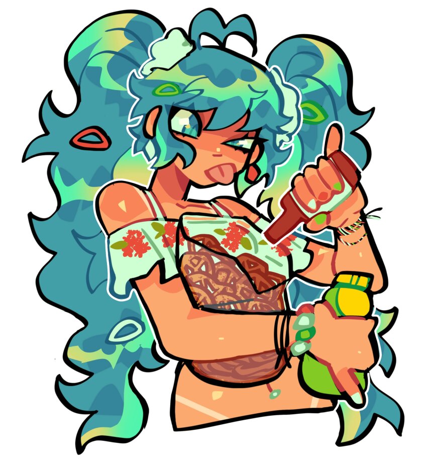 absurdres, aqua_eyes, aqua_hair, bag, borenii, bottle, bracelet, crop_top