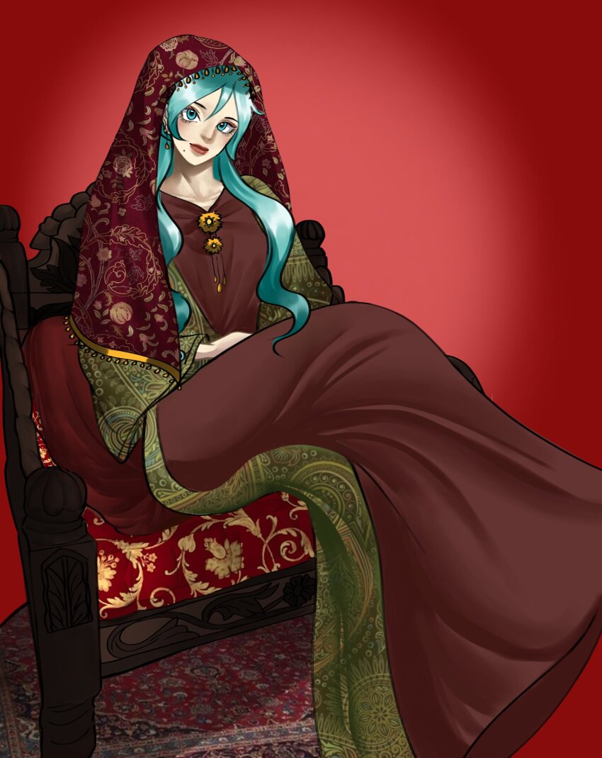 1girl, aqua_eyes, aqua_hair, brown_dress, clothing_request, crossed_legs, dress, earrings, hatsune_miku, highres, iran, iranian_clothes, jewelry, long_hair, looking_at_viewer, mole, mole_under_mouth, print_dress, red_background, shadow, sitting, solo, vocaloid, worldwide_miku, yukiikura