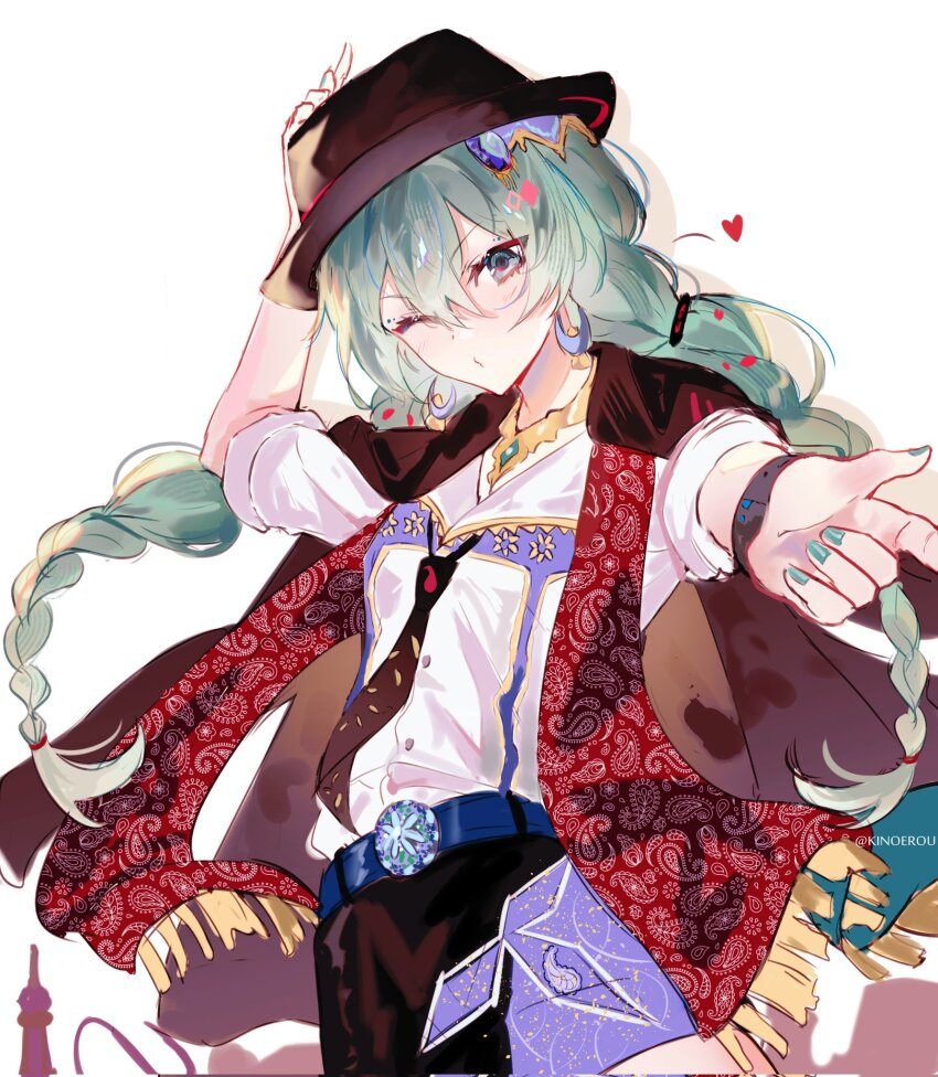 1girl, aqua_eyes, aqua_hair, aqua_nails, belt, black_hat, blue_belt, braid