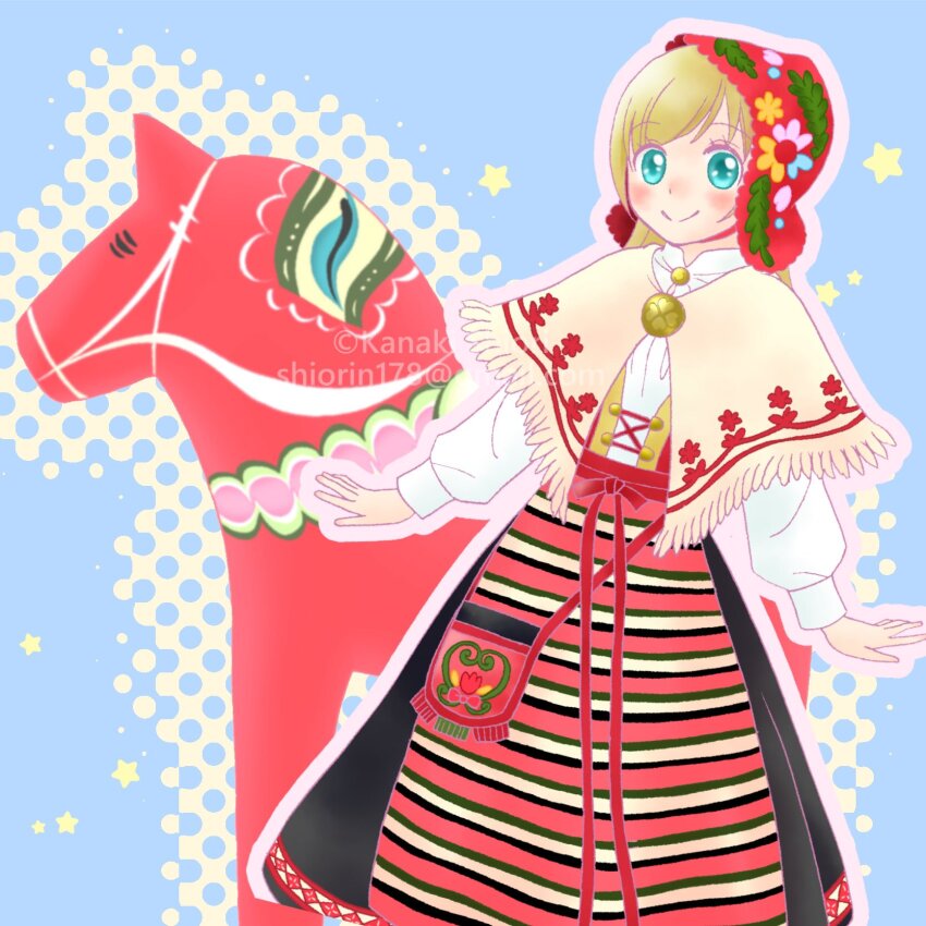 1girl, apron, aqua_eyes, black_skirt, blonde_hair, blue_background, blush, brooch