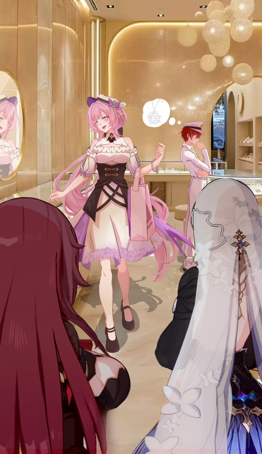 1boy, 3girls, absurdres, aponia, bag, bare_legs, black_dress, black_footwear