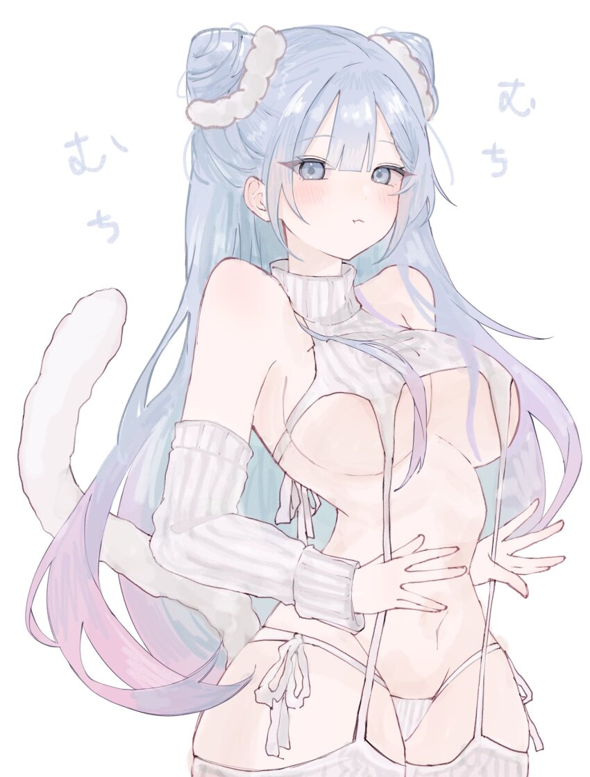 1girl, bikini, blue_eyes, blue_hair, breasts, cat_tail, cleavage, cone_hair_bun